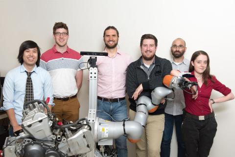 Draper developed a robot that can sense its environment, earning a spot as a KUKA Innovation Award finalist. Pictured L-R is Jay M. Wong, Justin Rooney, David M. S. Johnson, Mitchell Hebert, Abraham Schneider and Syler Wagner. (Not pictured: Rahul Chipalk