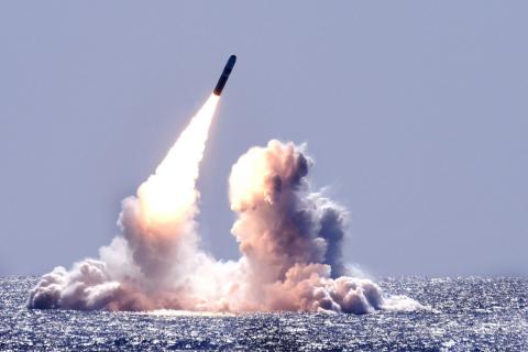 The submerged USS Nebraska launches an unarmed Trident II missile in the Pacific Ocean. (Credit: U.S. Navy)
