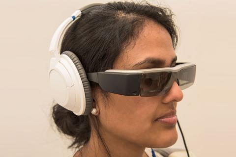 Augmented reality glasses with heads-up display and 3D audio headphones.
