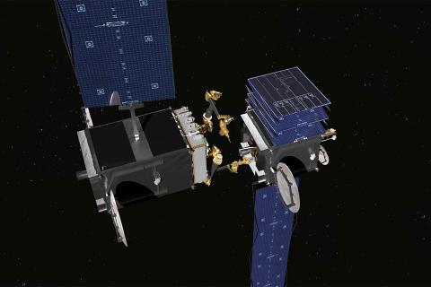 DARPA’s RSGS Robotic Servicing Vehicle uses Draper technology in its robotic arms to repair a satellite on-orbit. Photo credit: DARPA