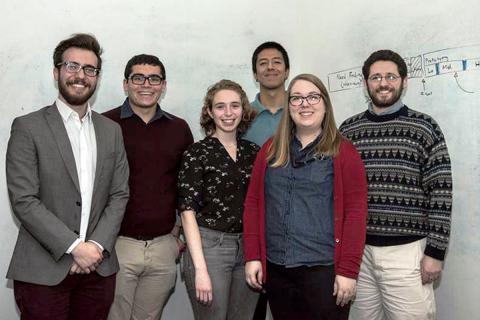 Caroline Harriot (fifth from left) and Zahar Prasov (far right) mentoring a team of Tufts University capstone undergrad 