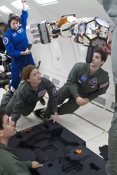 Draper engineer Michele Carpenter, Draper fellow Todd Sheerin, and MIT students demonstrated prototype hardware aboard a recent NASA microgravity flight.