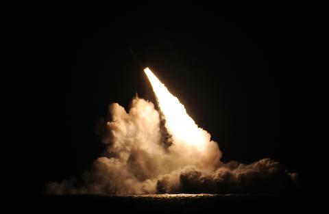 (Navy photo) A Trident II ballistic missile is launched from the USS Kentucky during an unarmed missile test at the Pacific Test Range on Nov. 7.